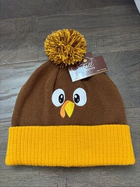 Hobby Lobby Turkey Pom Pom Beanie,cuffed,knit embroidered,stretch,Thanksgiving